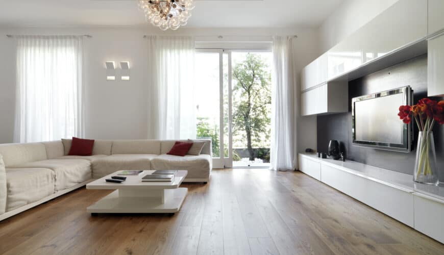 Modern living room with wood floor in Edgartown, MA
